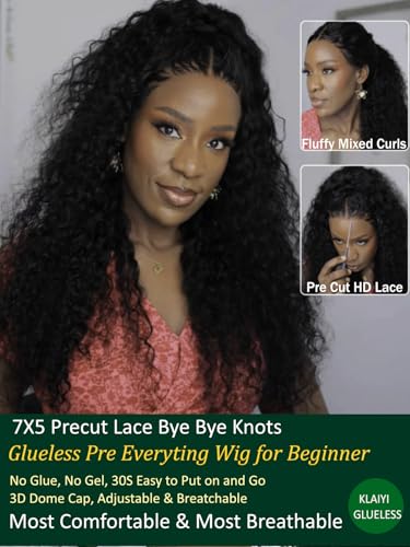 Image of KLAIYI Water Wave Curly Bye Bye Knots Glueless Wigs Human Hair 7x5 Precut Lace Front Drawstring Wig with Baby Hair Pre Plucked Bleached Pre Everything Ready to Wear and Go Wig Beginner Friendly 24Inch