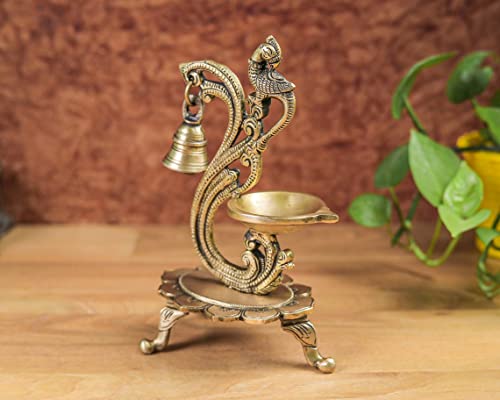 Image of GoldGiftIdeas Decorative Brass Diya with Bell, Brass Peacock Diya Stand, Brass Pooja Article, Housewarming /Diwali Gift (20 x 12 CM)