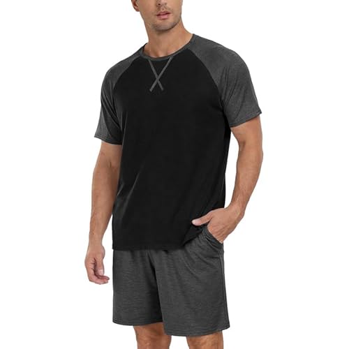 Marvmys Mens Pajama Set Cotton Summer Pjs Short Sleeve Sleepwear Lightweight Pajamas 2 Pieces Loungewear with Pockets S-2XL Small A-dark Grey-black