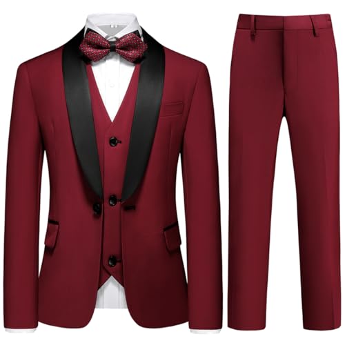 KUDORO Jungen Anzug 3 Teilig EIN Knopf Anzüge Hochzeit Geburtstag Jungen 24 Stück Klassisch Slim Fit Anzug Blazer Weste Hose(Weinrot 6 Jahre)