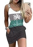 Live Simple Coconut Tree Color Block Mini Dress for Women Summer Beach Vacation Tank Dresses Sleeveless Short Dress(Large,Multicolor)