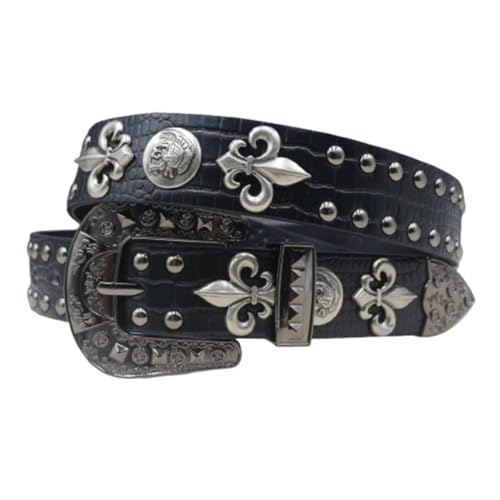Studded Embossed Leather Belt for Women Men,Gothic Punk Western Strap with Skull Head Rivets & Crocodile Pattern