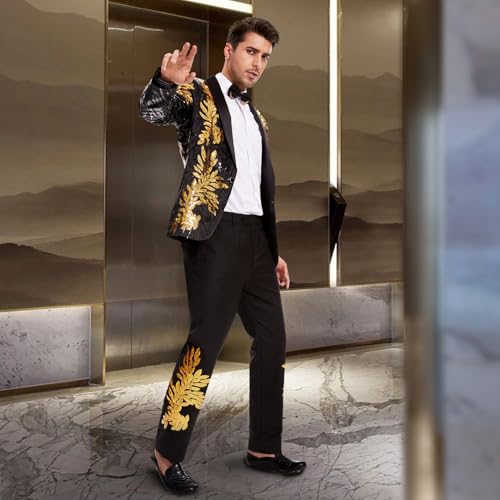 Men's Suit 2 Pieces Blazer and Pants Black with Gold Applique Fit for Wedding Prom2