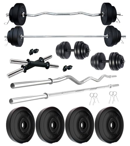 Image of Kore PVC 12 Kg Home Gym Set with One 3 Ft Plain + One 3 Ft Curl Rod and One Pair Dumbbell Rods, Multicolour