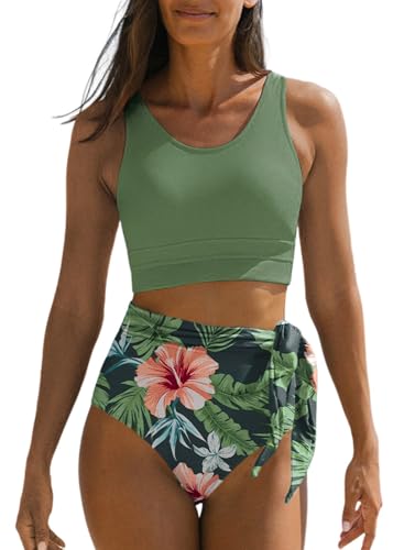 Dokotoo Bathing Suit for Women Tummy Control Racerback Tops Floral Print Sexy Swimsuit Scoop Neck...