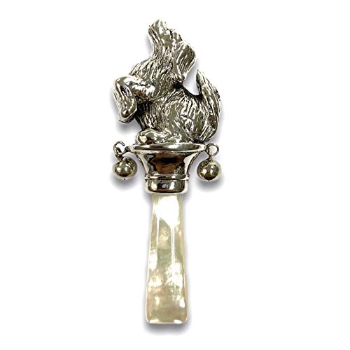 Victorian Style Standing Dog Baby Rattle with Mother of pearl Handle