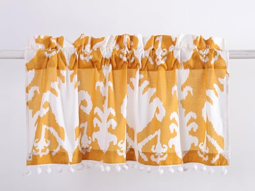 Image of Ravaiyaa - Attitude is everything Hand Printed Half Window Kitchen Curtain 100% Cotton Short Drapery Valance Curtain 40 inch X 18 inch Inch (Yellow White Ikat)