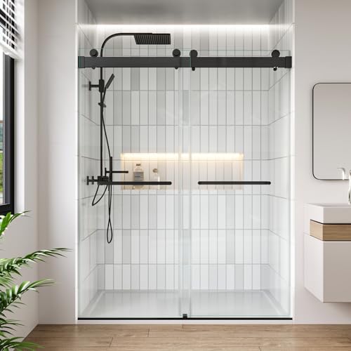 FEKEWIO Frameless Shower Doors 56-60" W x 72" H Double Sliding Soft Close 3/8"(10mm) Clear Tempered SGCC Shatterproof Glass Width Adjustable, DS13- Matte Black