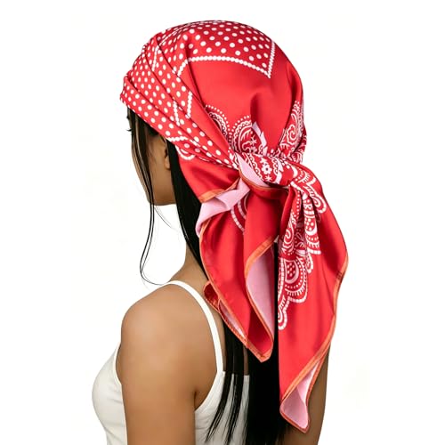 Barry.Wang Red White Head Scarves 27.5 Square Mulberry Silk Printed Hair Scarf for Women Sleeping Wrap Satin Party