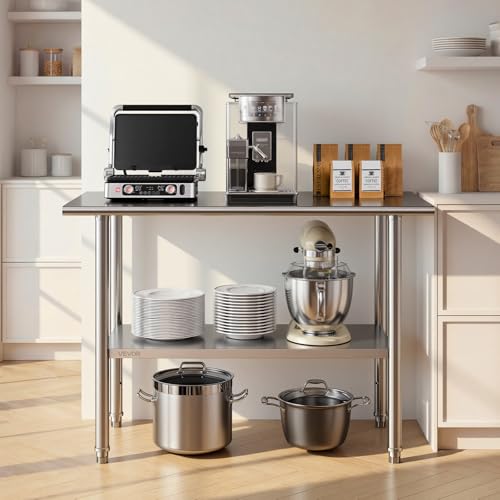Image of VEVOR Stainless Steel Work Table, 24x48 Inch Food Prep Table, Commercial Kitchen Workstation with Adjustable Undershelf, Metal Heavy Duty Utility Worktable, for Restaurant Home Hotel Garage Outdoor
