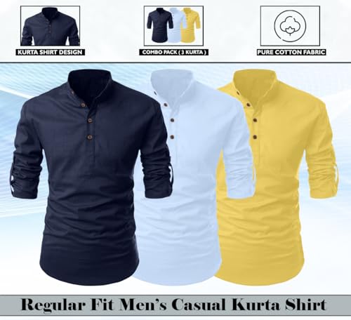 Image of FINIVO FASHION Combo of Men's Cotton Blend Solid Regular Fit Full Sleeve Straight Short Kurta Shirt, Casual and Formal Wear