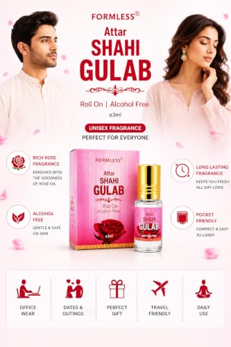 Image of Formless Shahi Gulab 3ml Attar Unisex - Premium Rose Fragrance Oil, Long Lasting Alcohol-Free Perfume, Pocket Size Roll-On, Natural Floral Scent, Travel Friendly Daily Wear & Special Occasion Use