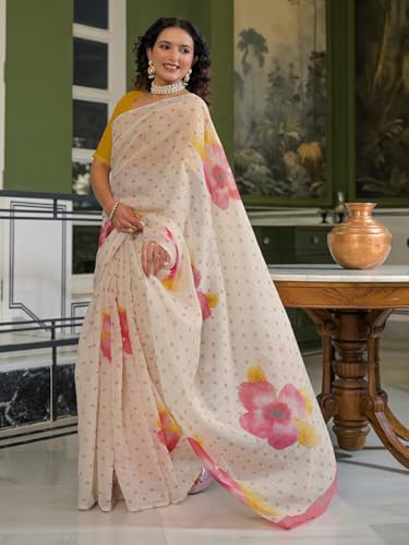 Image of SIRIL Women's Cotton Linen Printed Zari Border Saree with Unstitched Blouse Piece
