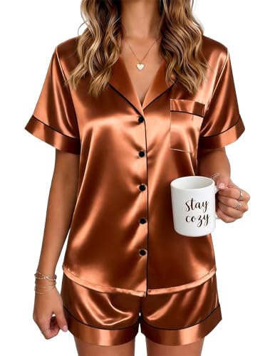 Image of Ekouaer Satin Pajamas for Women Silk Pjs Short Set 2 Piece Lounge Sets
