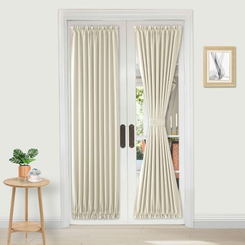 Image of DWCN French Door Curtains - Rod Pocket Thermal Curtain for Doors with Glass Window, Kitchen and Patio Doors for Privacy, 36 X 72 Inches Long, 1 Curtain Panel with Tieback,Light Beige
