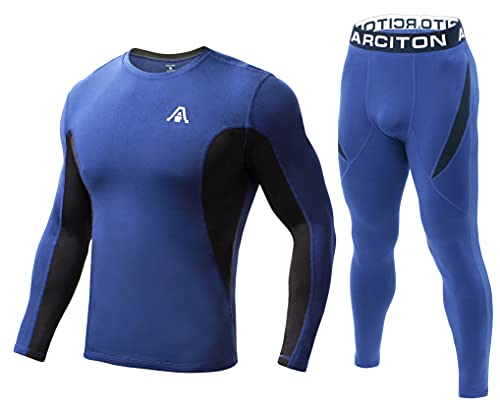ARCITON Menâ€™s Thermal Underwear Set,Long Johns Base Layer Fleece Lined Winter Gear Compression Suits for Running Skiing Large Navy Blue