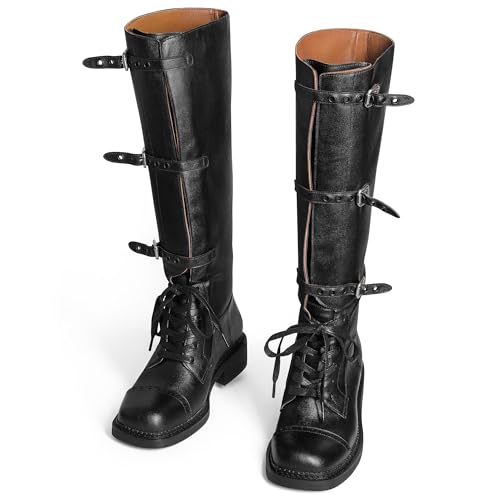 MUCCCUTE Knee High Boots Women Moto Boots Tall Square Toe Slip On Chunky Low Heel Biker Riding Boots Fashion