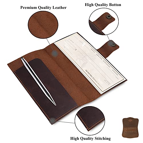 CestAntiQ Distressed Leather Checkbook Cover with Pen Holder – Handmade Executive Checkbook Wallet for Men, Women, Slim and Stylish Organizer, Vintage Bifold Register Holder (Brown)