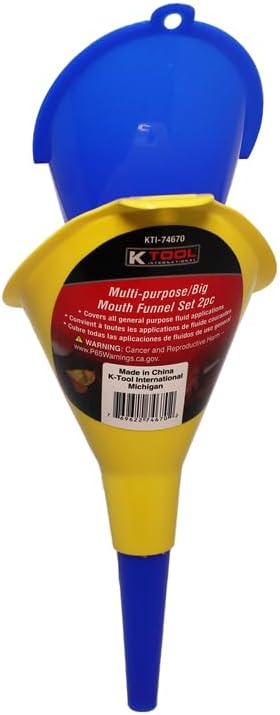 K Tool International 74670 Multi-Purpose and Big Mouth Funnel Set for Garages, Repair Shops and DIY, Radiator Fill and Multi-use, No Mess Splash Guards, Blue/Yellow, 2 Piece