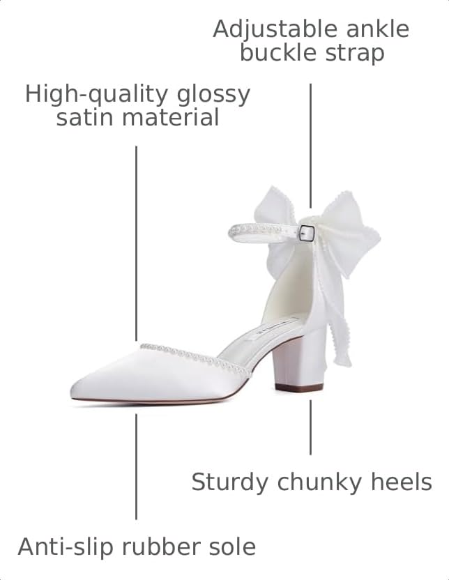 Image of Block Heel Wedding Shoes for Bride Closed Toe Wedding Heels with Bow Pearl Bridal Shoes