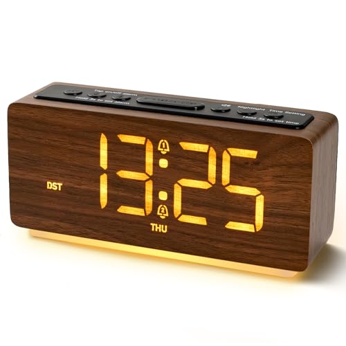 GemCoo Digitaler Wecker Holz Wecker Digital mit Licht USB-C Wiederaufladbar Doppelalarm 4 Lautstärken&Helligkeitsdimmer Snooze Nachttisch Wecker für Tiefschläfer Schlafzimmer Reisen 12/24HR