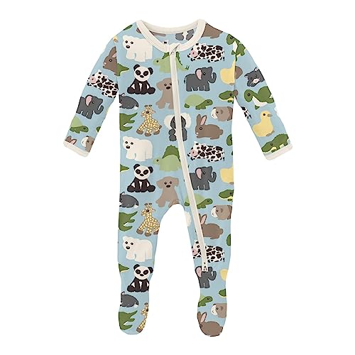 KicKee Print Footie with Zipper, Fitted Long Sleeve Pajamas, Ultra Soft Everyday One-Piece Loungewear, 90s (Spring Sky Too Many Stuffies - 9-12 Months)
