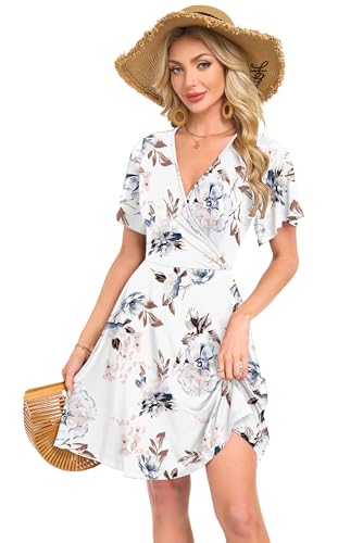 AUSELILY Damen Kleid Sommer Strandkleid Rüschenärmeln V-Ausschnitt Elastischer Taille und Taschen Swing Urlaubskleid Blume Weiß 3XL 5