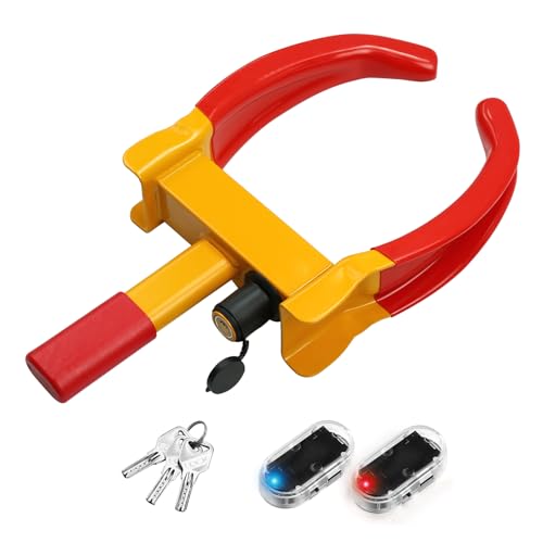 AUTOWN Universal Wheel Lock and Anti-Theft LED Flashing, Heavy Duty Trailer Lock Wheel Camper,Adjustable Anti-Theft Wheel Locks for Cars, 3 Keys and 2pcs Car Solar Power Simulated Dummy Alarm
