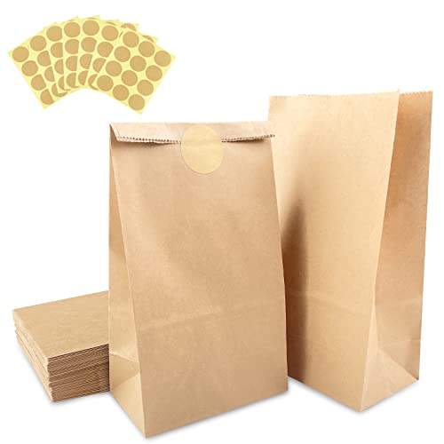 Fousenuk 50 Piezas Bolsas Papel Kraft 13 x 8 x 24 cm, Bolsas de Papel Pequeñas con 84 Pegatinas, Bolsa Kraft de Chuches Marrón para Embalaje de Regalo, Fiestas de Cumpleaños, Compras, Bodas, Navidad
