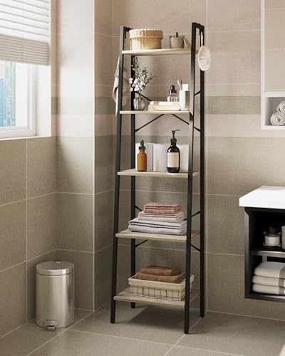 Image of Hzuaneri 5-Tier Ladder Shelf, Bookshelf Bookcase, Freestanding Corner Storage Shelve with 2 Hooks for Home Office, Living Room, Kitchen, Bedroom, Industrial, Greige and Black BC19205B