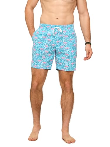 Chubbies Mens Swim Trunks Mens Swim Shorts with 4-Way Stretch 7 Beach Shorts with Elastic Waist Drawstring Mesh Lining UPF 50+ Light Blue with Flamingos L