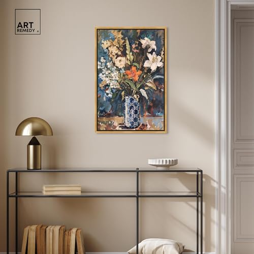 Image of Art Remedy Blue Floral Vase Canvas Floral Vase Wall Art, Gold Frame, 20 inch x 30 inch