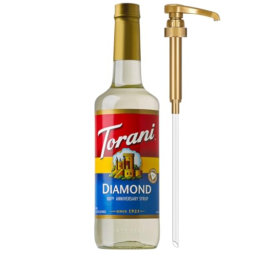 Torani Diamond Anniversary Syrup for Drinks, Bright & Crisp Bubbly Flavoring with Vanilla Notes, Glass Bottle with Pump Included, 25.4 Fl Oz