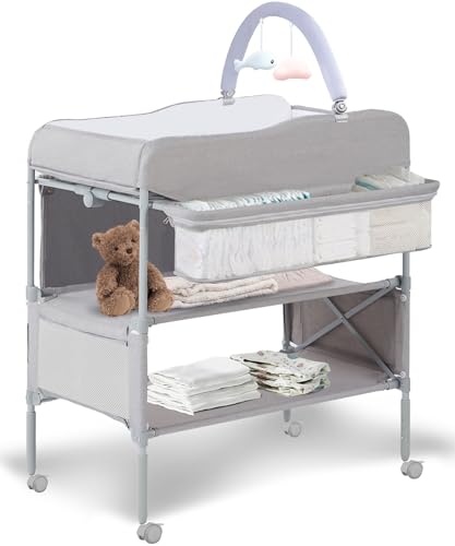 Baby Changing Table, Diaper Changing Table with Wheels, Waterproof Baby Change Table with Toys, Foldable, Adjustable Height Change Table for Newborn and Infant
