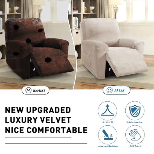 Image of ZNSAYOTX 2026 Velvet Oversized Recliner Cover 3-Piece, Luxury Plush Recliner Chair Covers with Elastic Band & Ties Stay in Place, Stretch Reclining Slipcover for Lazy Boy Soft Washable (Khaki)