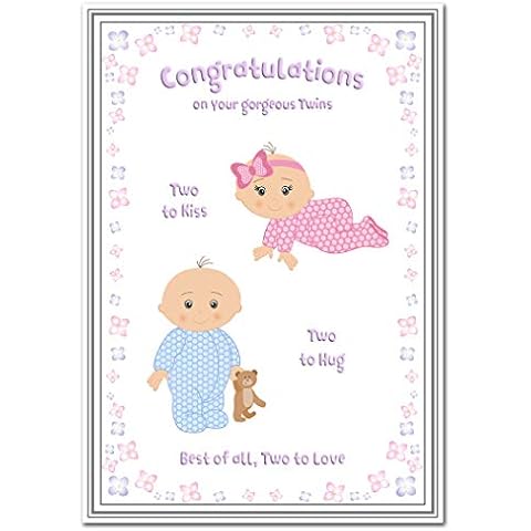Twin Birth Card - Newborn Twins - New Baby Boy and Baby Girl Congrats - Congratulations on Birth Brother and Sister - Quality Greeting Good Wishes - Blank Inside to Write Your own Special Message Cover