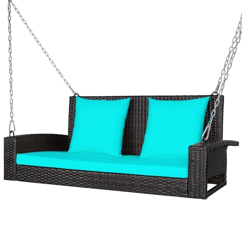 DORTALA Hanging Porch Swing 2 Person Outdoor Wicker Swing Chair Bench with Cushions 79Ft Steel Chains for Garden Backyard Deck Poolside Turquoise