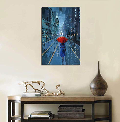Ardemy Canvas Wall Art Modern Blue New York Cityscape Painting Picture, Lady With Red Umbrella Street Scenery One Panel Framed 24"X36" For Living Room Bedroom Home Office Decoration #TOP5