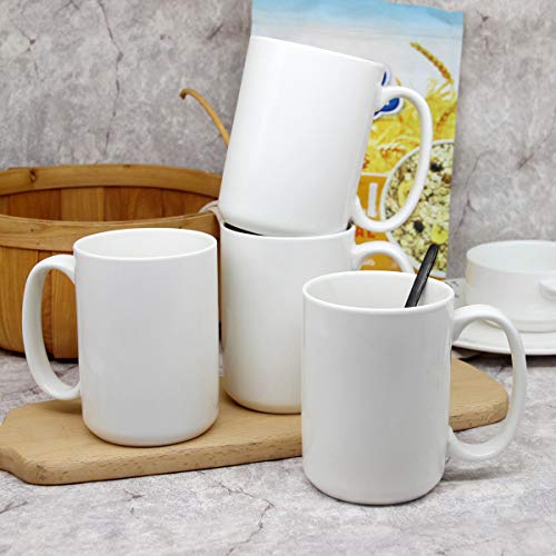 Smilatte 16 Oz Sublimation Porcelain Coffee Mugs, Classic Blank Ceramic Cup With Large Handle For Tea Latte Cappuccino, Set Of 4, White #TOP1