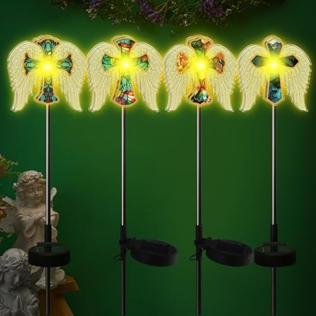 Retisee 4 Pack Cross Angel Wings Solar Lights for Outdoor Memorial Solar Lights for Graves Lighted Sympathy Gifts for Memorial Day Christmas Garden Lawn Porch Yard Patio Waterproof Decor