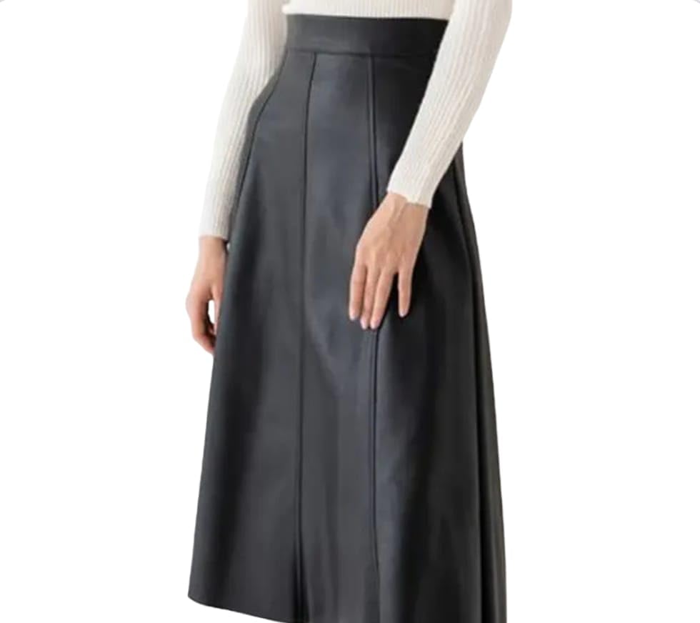 Image of A-line High Waist Skirt Women's Office Midi Skirt Women's PU Umbrella Skirt