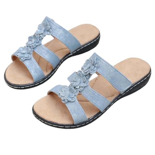 2025 women's floral decoration sliding into sandals, comfortable and elegant summer beach, daily slippers, comfortable arch support(Blue,7.5)