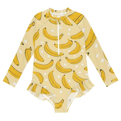 Girls One Piece Swimsuits Long Sleeve Swimsuit Zipper Bathing Suits Yellow Bananas White Dots