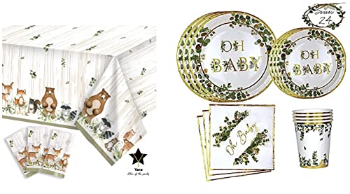 Yara Woodland Tablecloth Sage Green Baby Shower Plates Cup Napkins Bundle