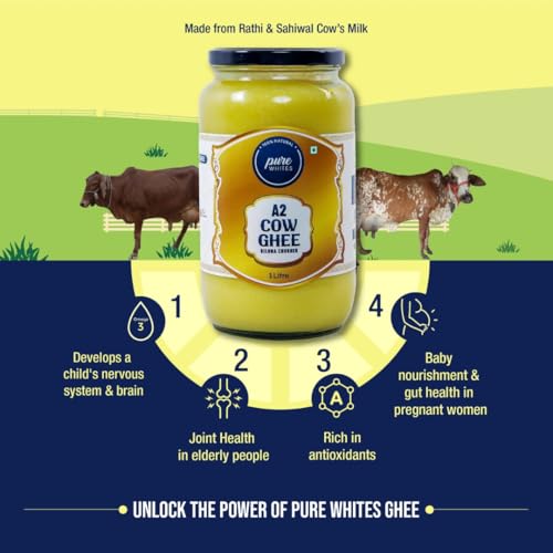 Image of Pure Whites A2 Cow Ghee 1L | Traditional Bilona Method | Homemade Organic Fresh Ghee Cow Milk | Danedar Texture & Rich Aroma | Lactose Free, Pure, Natural & Healthy | Rich in Omega 3 and 6