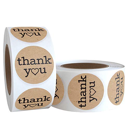 1.25 Inch Round Thank You Labels with Heart, Kraft Color, 10
