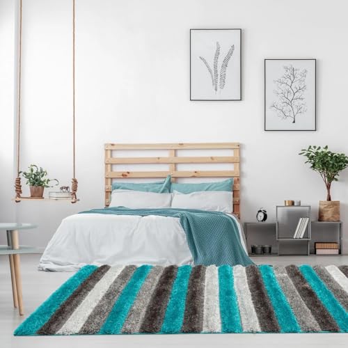 Image of Super Soft Floor Area Rug 3 x 5 Feet Soft Smooth Thick Non-Slip Fluffy Shaggy Carpet for Bedroom, Drawing, Kids Room, Office with Upto 2 Inch Microfiber High Pile (Turquoise Silver B)