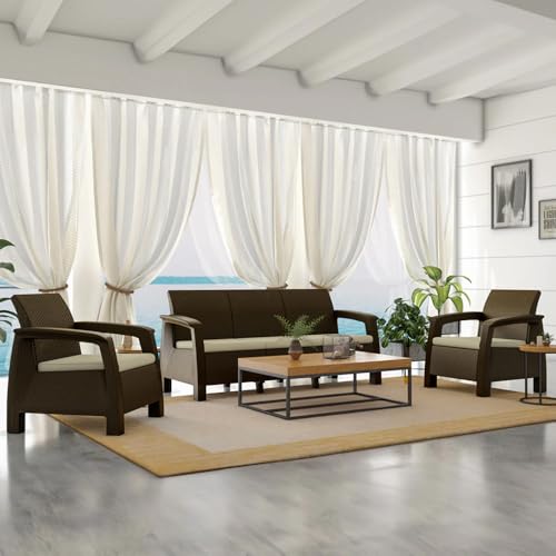 Nilkamal Goa 3+1+1 Seater Plastic Sofa Set with Cushion|Indoor & Outdoor Furniture|Patio Chair Two Seater| Perfect for Gardens Poolside Cafes Restaurants and Terraces Weathered Brown