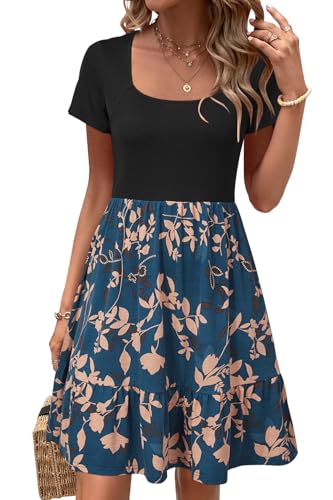 Image of Newshows Women's 2026 Summer Casual Square Neck Ruffle A Line Beach Vacation Sundress Work Business Dress with Pockets