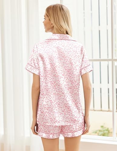 Image of Ekouaer Womens Silk Satin Pajama Sets Soft Short Sleeve Button Down Sleepwear Top and Shorts 2 Piece Pjs Lounge Set